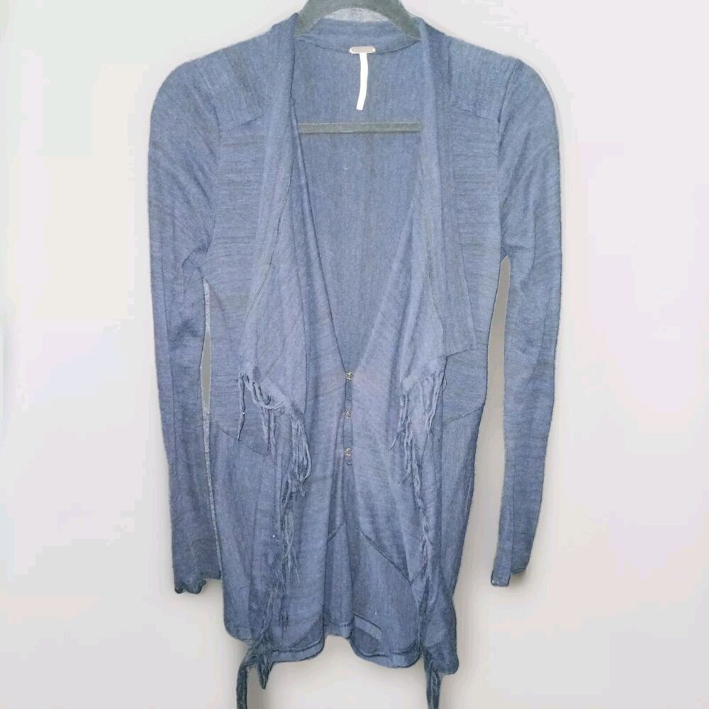 Free People Women's Navy Blue Small Cardigan Duster Fringe Long Sleeve Sweater